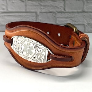 Pulsera de alerta médica de cuero genuino Laing en bronce y plata. Grabado personalizado gratuito. Caja de regalo de Shelley @buyamedicalalert.com