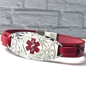 Forrest Red Leather Medical Alert ID Bracelet - Free Personalised Engraving, Gift Box Custom Made to Fit by Shelley @buyamedicalalert.com