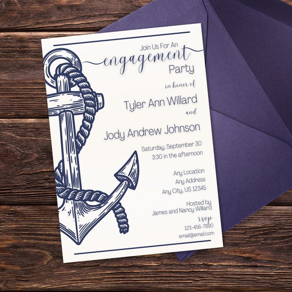 Nautical Engagement Party Printable Invitations, Personalized Maritime Invitation, Custom Anchor Invites, Printable, No Editing Required