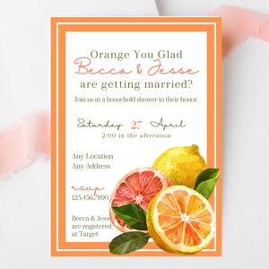 Citrus thema bruids douche uitnodigingsbundel, oranje You Glad afdrukbare douche uitnodigingsset, bedankt, receptenkaart, spel, huishoudelijke douche