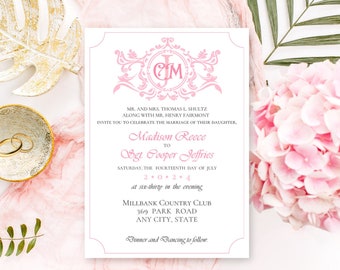 Elegant Pink Wedding Invitation Bundle, Printable Wedding Invitations, Monogram Wedding Invite Set, Ready to Print Invitations, DIY Wedding