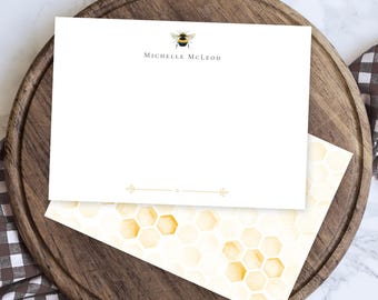 Personalized Stationery Gift Set, Double sided Stationery, Flat Note Card, Honey Bee Stationery, Elegant Vintage Honeycomb, Set of 12
