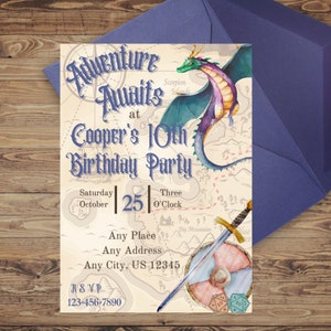 Conjunto de convites para festa de aniversário com tema de dragão - Festa de aniversário TTRPG - Festa Castlecore - Jogo de cartas de mesa com dados - Convites para impressão