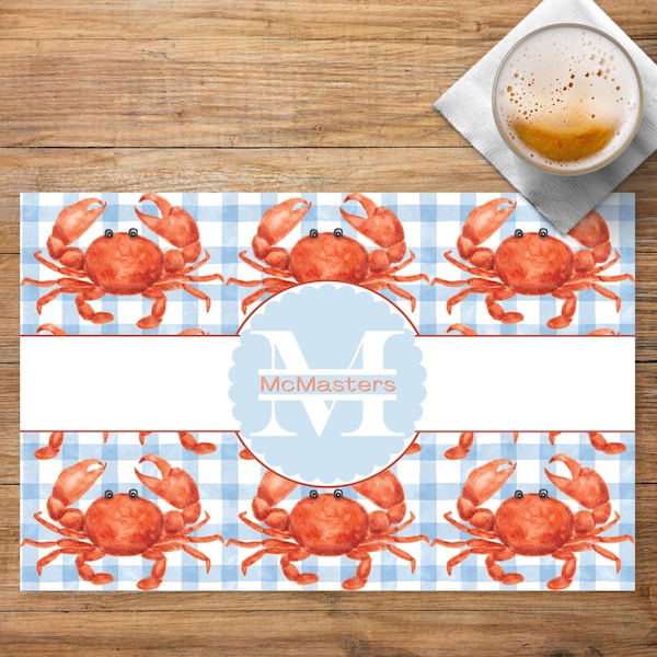 Personalized Disposable Paper Placemat Set, Placemat Peel Top Pad, Custom Monogram Crab Place Mats, Cookout Table Decor, Summer Crab Boil