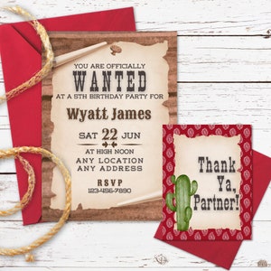 Se busca cartel invitación de fiesta de cumpleaños personalizada de estilo occidental, paquete de invitación de fiesta de cumpleaños de vaquero imprimible, fiesta del día B del salvaje oeste