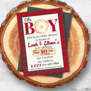 Oh, Boy gepersonaliseerde houthakker thema baby shower uitnodiging bundel, afdrukbare Buffalo Plaid Check douche uitnodiging, thuis afdrukken geen bewerking