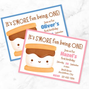 Ensemble d'invitations personnalisées S'more pour le premier anniversaire, guimauve personnalisée pour le 1er anniversaire de naissance, imprimable, carte de remerciement, édité