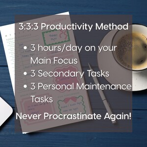 May include: A daily planner with the text "3:3:3 Productivity Method" and a schedule. The planner includes sections for a main focus, secondary tasks, and personal maintenance. A cup of coffee and a pen are also visible.
