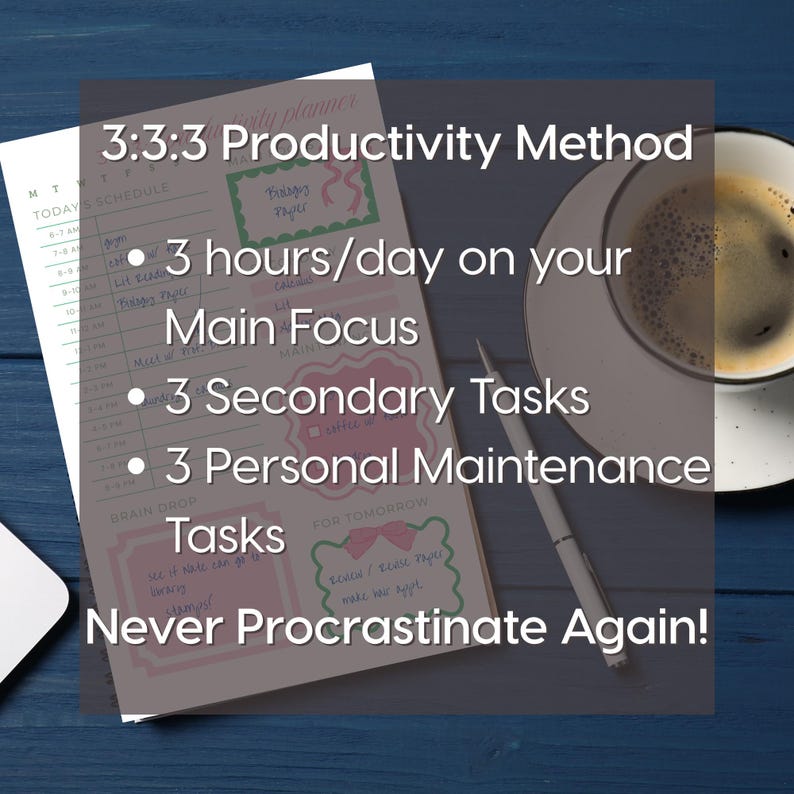 May include: A daily planner with the text "3:3:3 Productivity Method" and a schedule. The planner includes sections for a main focus, secondary tasks, and personal maintenance. A cup of coffee and a pen are also visible.