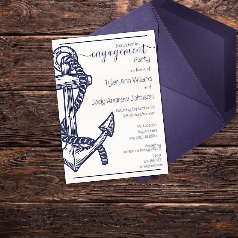 Nautical Engagement Party Printable Invitations, Personalized Maritime Invitation, Custom Anchor ...