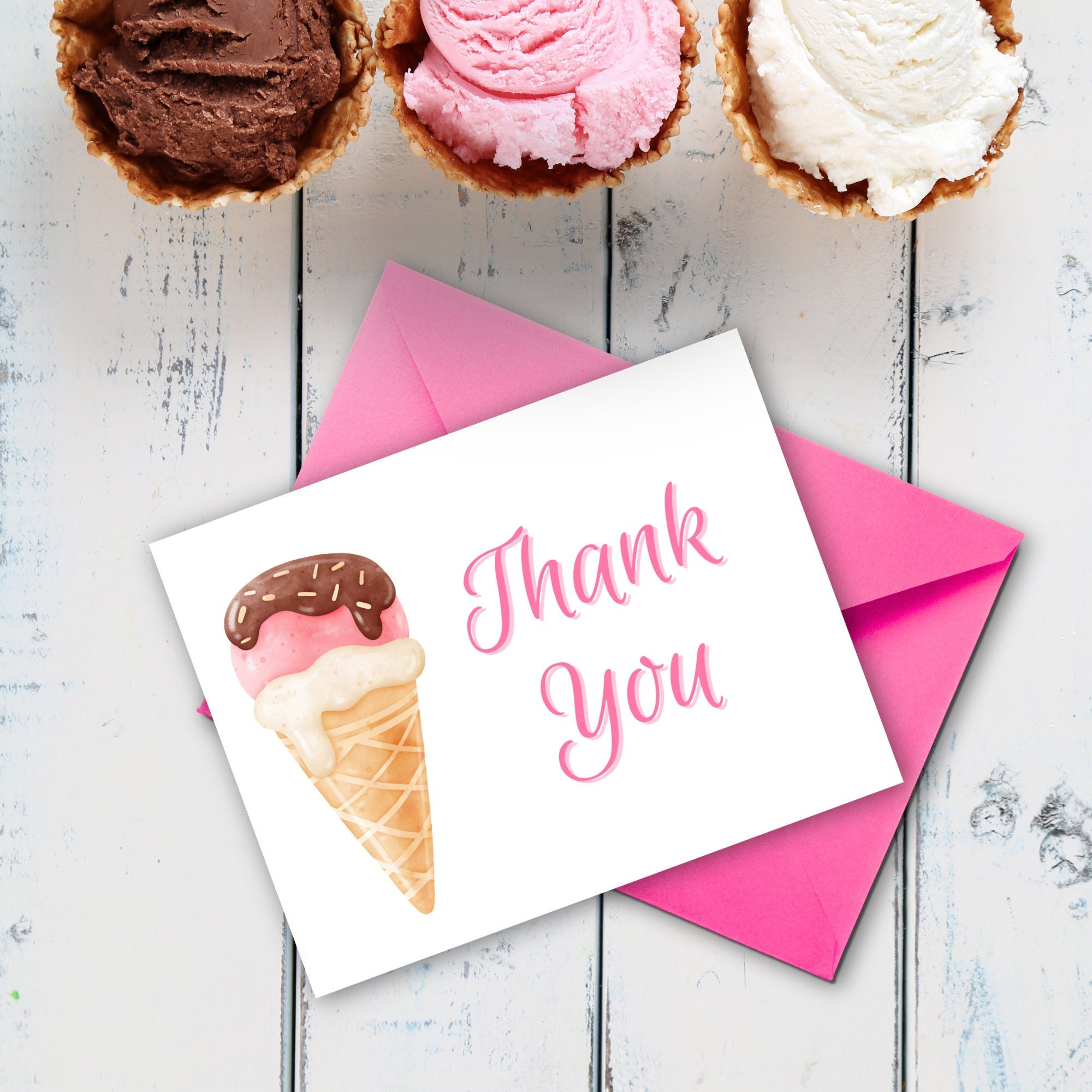 Ice Cream Thank You Notes, Cute Watercolor Ice Cream Cone Printed Thank ...