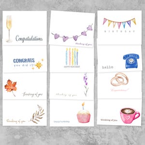 May include: A collection of white greeting cards with watercolor illustrations. Designs include a champagne glass, purple hearts, birthday banners, candles, a blue phone, wedding rings, a maple leaf, a cupcake, and a coffee cup. Text includes "Congratulations", "Thinking of You", "Happy Birthday", and "Congrats you did it!"