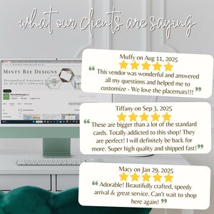 Peut inclure: Un &eacute;cran d'ordinateur affiche le site Web "Minty Bee Designs" avec des t&eacute;moignages de clients. Les t&eacute;moignages sont dans des bulles avec des &eacute;valuations par &eacute;toiles. Le texte "what our clients are saying" est en haut de l'image.