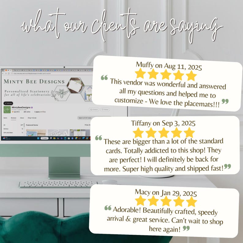 Peut inclure: Un &eacute;cran d'ordinateur affiche le site Web "Minty Bee Designs" avec des t&eacute;moignages de clients. Les t&eacute;moignages sont dans des bulles avec des &eacute;valuations par &eacute;toiles. Le texte "what our clients are saying" est en haut de l'image.