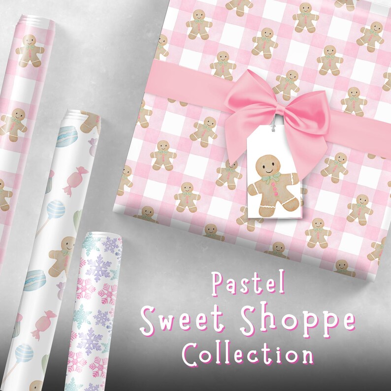 Peut inclure: Plusieurs rouleaux de papier d'emballage et une bo&icirc;te cadeau aux couleurs pastel. La bo&icirc;te cadeau est envelopp&eacute;e dans du papier vichy rose et attach&eacute;e avec un n&oelig;ud rose. Le papier pr&eacute;sente des bonhommes en pain d'&eacute;pices, des flocons de neige et des bonbons. Le texte "Pastel Sweet Shoppe Collection" est visible.