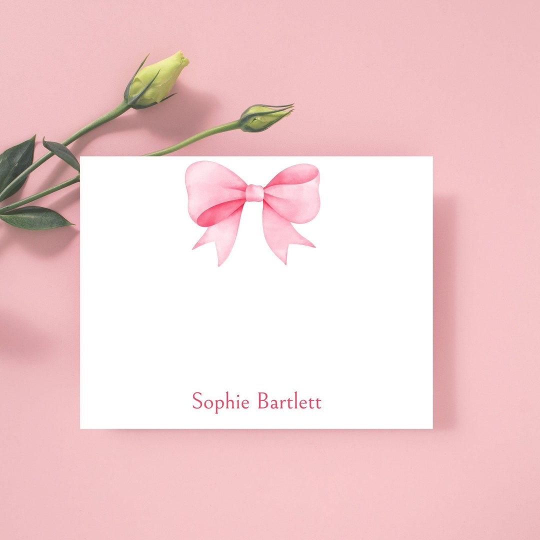 Cute Pink Bow Personalized Stationery, Watercolor Coquette Custom ...