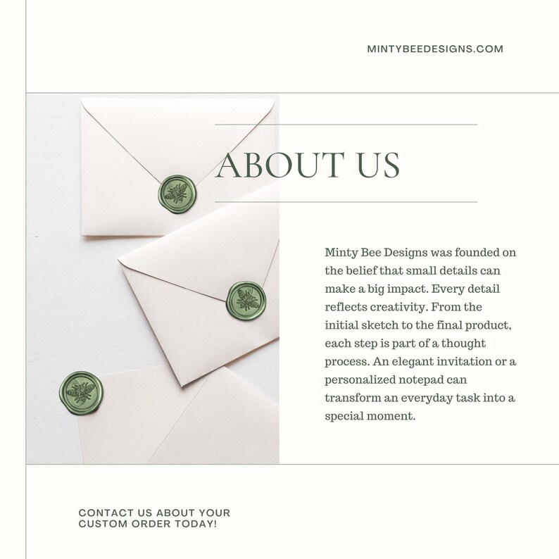 Peut inclure: Des enveloppes cr&egrave;me avec des sceaux de cire verts, orn&eacute;s d'un motif botanique, sont dispos&eacute;es sur une surface blanche. Le texte &laquo; ABOUT US &raquo; est affich&eacute;, ainsi que l'adresse du site Web mintybeedesigns.com. L'image promeut de la papeterie personnalis&eacute;e.