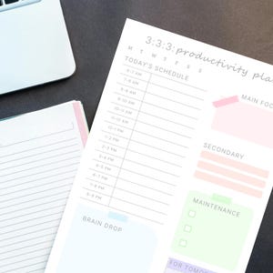 May include: A white productivity planner with a schedule from 6 AM to 9 PM, featuring sections for main focus, secondary tasks, maintenance, and a brain drop area. The planner is on a dark surface, with a laptop and notebook visible.
