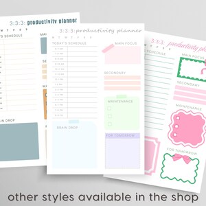 May include: Productivity planner pages with pastel color blocks for scheduling. The pages feature sections for the main focus, secondary tasks, maintenance, and tomorrow's tasks. The text "3:3:3: productivity planner" is at the top of each page. The bottom of the image says "other styles available in the shop."