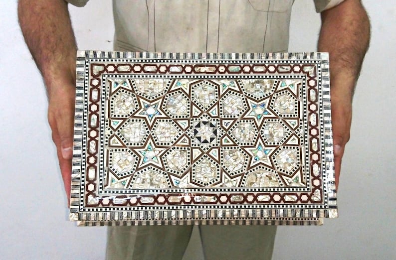 J67 LARGE SIZE Mother Of Pearl Mosaic Chest Egyptian Rectangular Jewelry Box