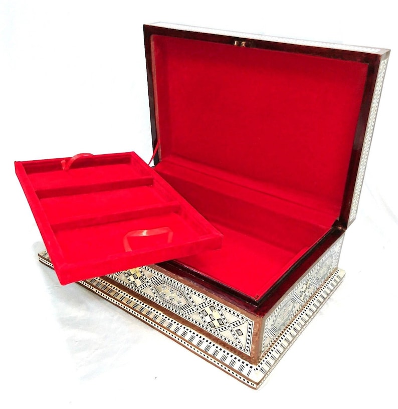 J67 LARGE SIZE Mother Of Pearl Mosaic Chest Egyptian Rectangular Jewelry Box