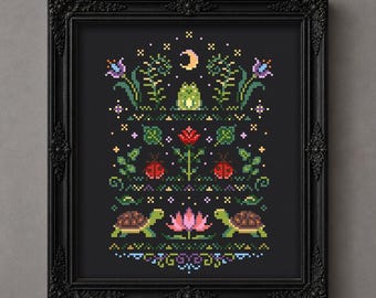 Cross Stitch PDF Pattern Garden by the pond DMC Chart Printable Instant Download