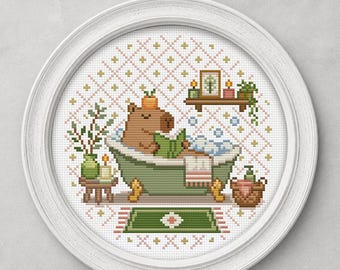 Patrón de punto de cruz: Capibara en el baño. Gráfico DMC. PDF imprimible. Descarga instantánea.