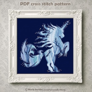 Puede incluir: Un patrón de punto de cruz enmarcado con un diseño de unicornio estilizado. El unicornio está representado en tonos azules y blancos, con siluetas de árboles incorporadas. El marco es blanco, y el texto "PDF cross stitch pattern" está en la parte superior.