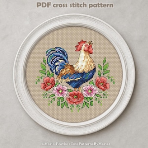 Kruissteekpatroon haan en bloemen DMC-diagram afdrukbare pdf direct downloaden