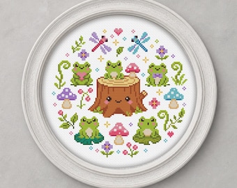 Cross Stitch PDF Pattern Sampler with frogs and a stump DMC Chart Printable Instant Download
