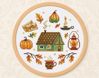 Patrón de punto de cruz en PDF: casa de otoño en el bosque (DMC Chart). PDF imprimible para descarga instantánea.