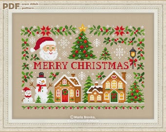 Cross Stitch PDF Pattern Christmas sampler with gingerbread houses DMC Chart Christmas Printable Instant Download