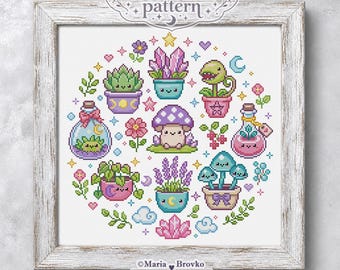 クロスステッチPDFパターン 魔法の植物とキノコのサンプラー DMCチャート 印刷可能 即時ダウンロード