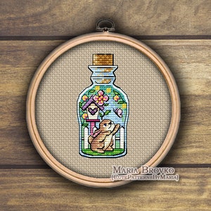 Kreuzstich Stickmuster, Mini Flasche mit Hase DMC Stickmuster zum ausdrucken und drucken