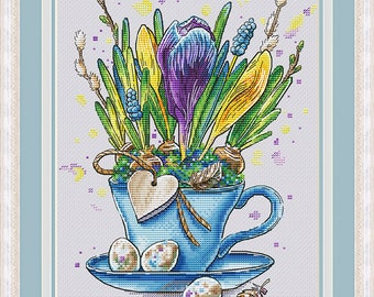 Cross Stitch Pattern Spring cup DMC Chart Pattern Embroidery Printable PDF Instant Download