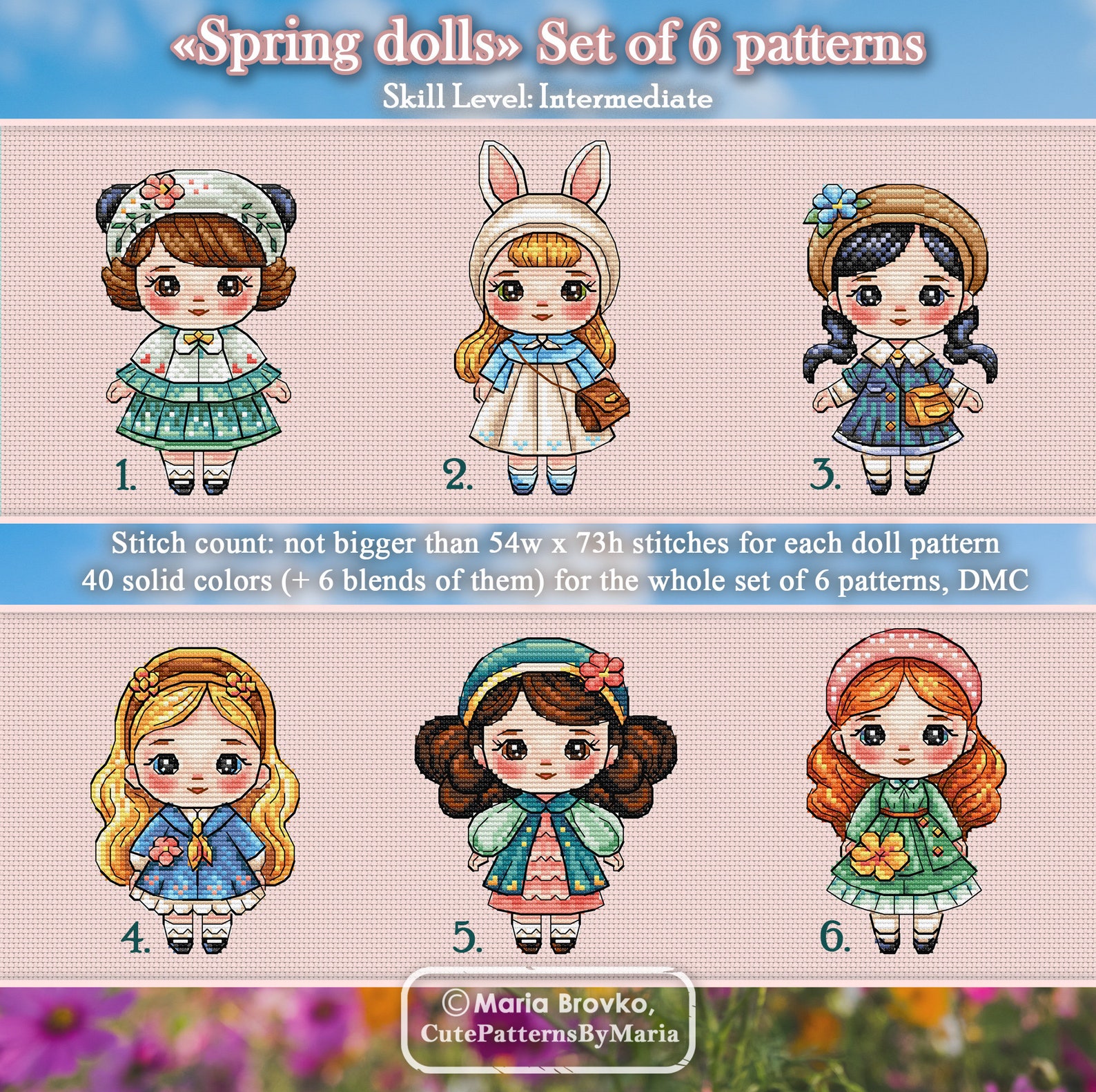 35% Cheaper as Set - Spring Dolls 6 Cross Stitch Patterns DMC Chart ...