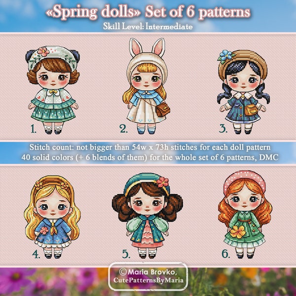 35% cheaper as set - Spring dolls 6 Cross Stitch Patterns DMC Chart Printable PDF Instant Download