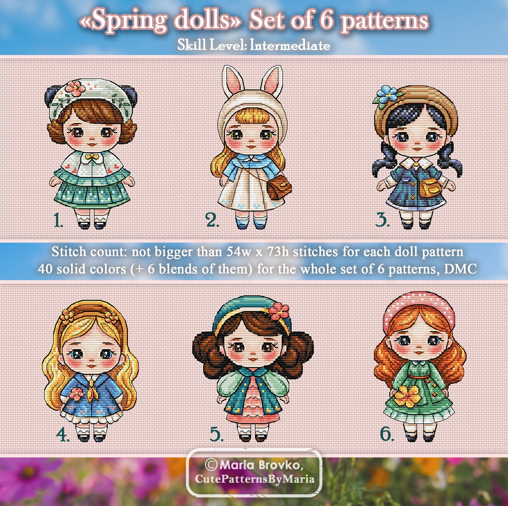 35% cheaper as set - Spring dolls 6 Cross Stitch Patterns DMC Chart Printable PDF Instant Download