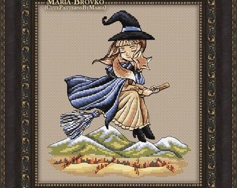 Cross Stitch Pattern Flying on a broomstick DMC Chart Printable PDF Instant Download