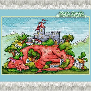 Cross Stitch Pattern Dragon castle DMC Chart Printable PDF Instant Download