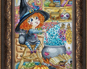 Cross Stitch Pattern Red-haired witch DMC Chart Printable PDF Instant Download