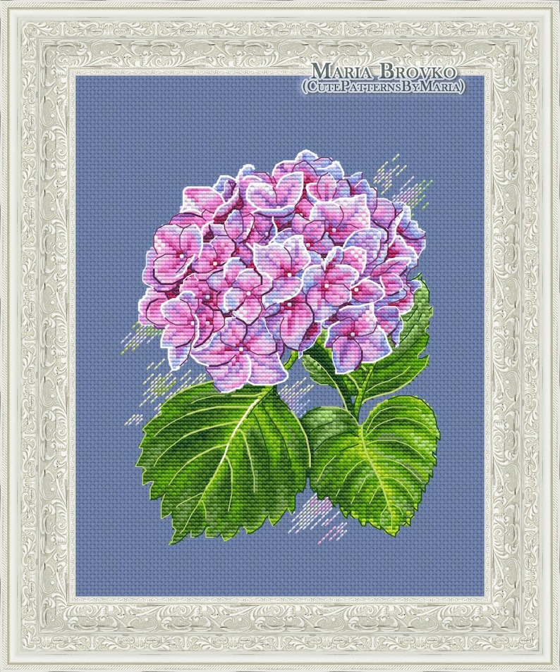 May include: A cross-stitch pattern featuring a bouquet of pink and purple hydrangeas with green leaves on a blue background. The pattern is titled "Maria Brovko (CutePatternsByMaria)".