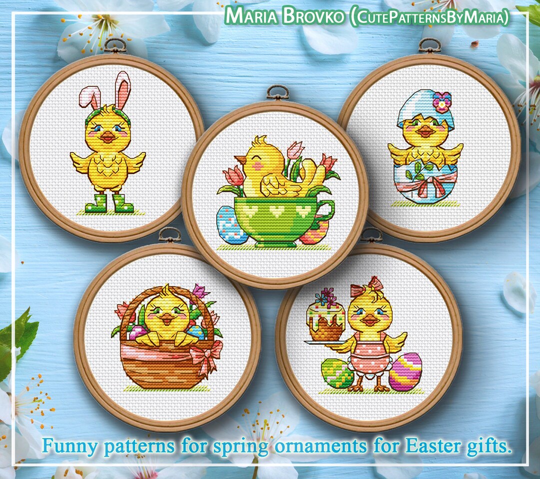 45 Cheaper as a Set Five Easter Chicks Cross Stitch Pattern DMC Chart