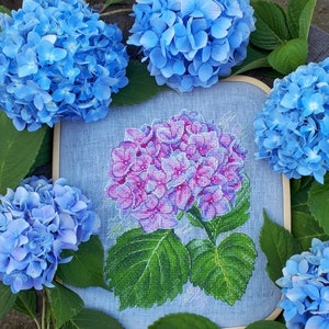 May include: A framed cross-stitch embroidery of a pink hydrangea flower with green leaves. The embroidery is surrounded by four blue hydrangea flowers.