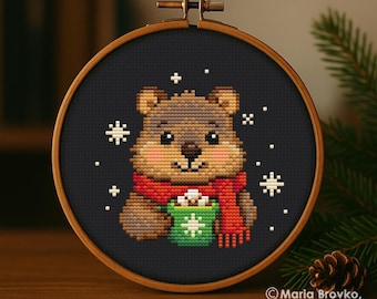 Cross Stitch PDF Pattern Quokka with a mug DMC Chart Christmas Printable Instant Download