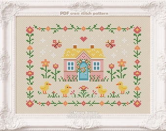 Cross Stitch Pattern Sampler with a house and chickens DMC Chart Printable PDF Instant Download