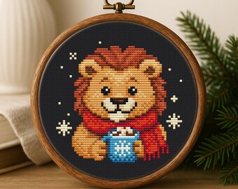 Cross Stitch PDF Pattern Lion with a mug DMC Chart Christmas Printable Instant Download
