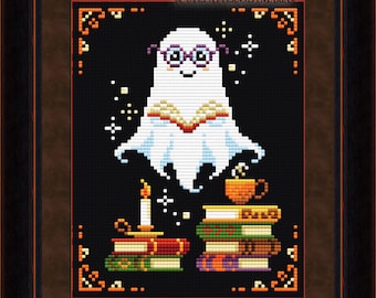 Kreuzstich Halloween Dekor Geist mit Büchern Muster DMC Tabelle Printable PDF Instant Download