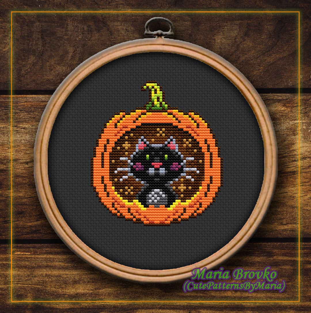 Cross Stitch Pattern Black Cat in the Pumpkin DMC Chart Printable PDF ...