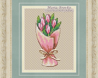 Patrón de punto de cruz Ramo de tulipanes rosas Gráfico DMC Bordado en punto de aguja Imprimible PDF Descarga instantánea